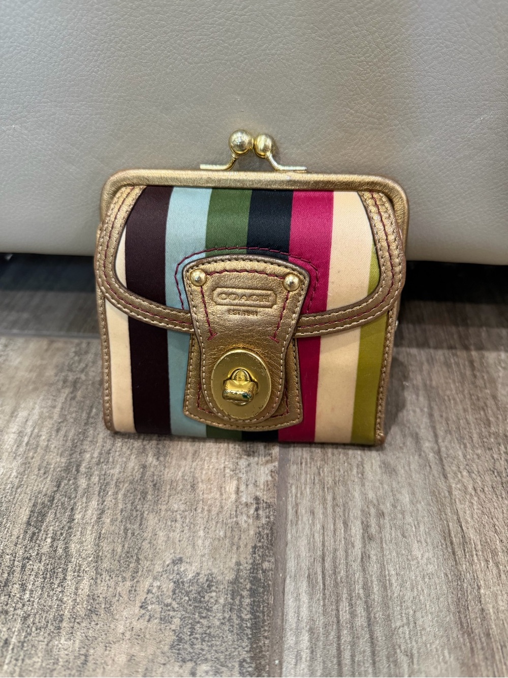 Coach Striped Kiss-Lock Coin Purse - Gold with Multicolor Stripes